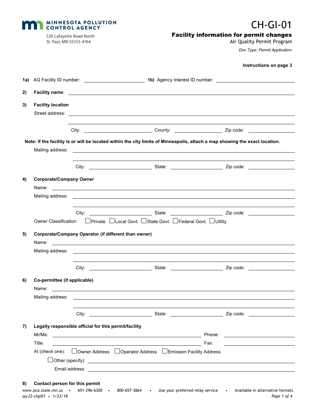 CH-GI-01 Facility Information for Permit Changes - Air Quality Permit Program - Form