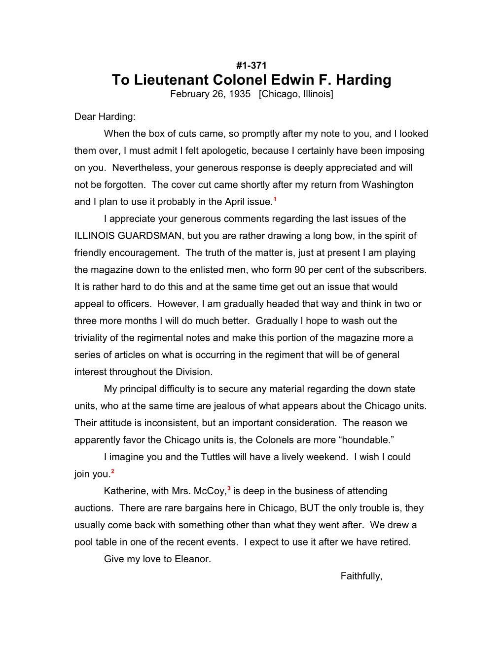 To Lieutenant Colonel Edwin F. Harding