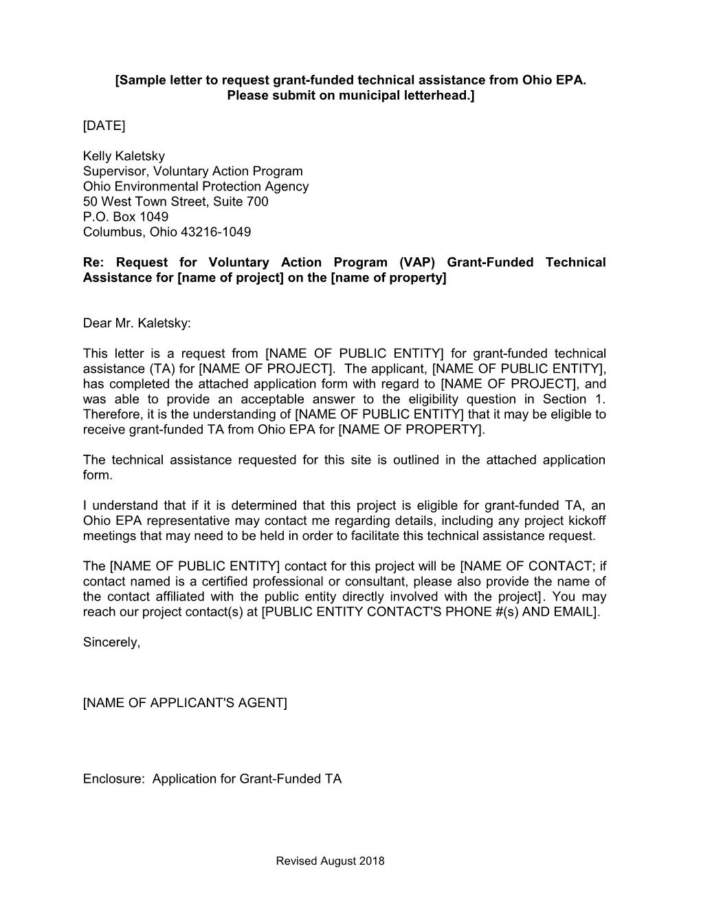Sample Letter to Request Grant-Funded Technical Assistance from Ohio EPA
