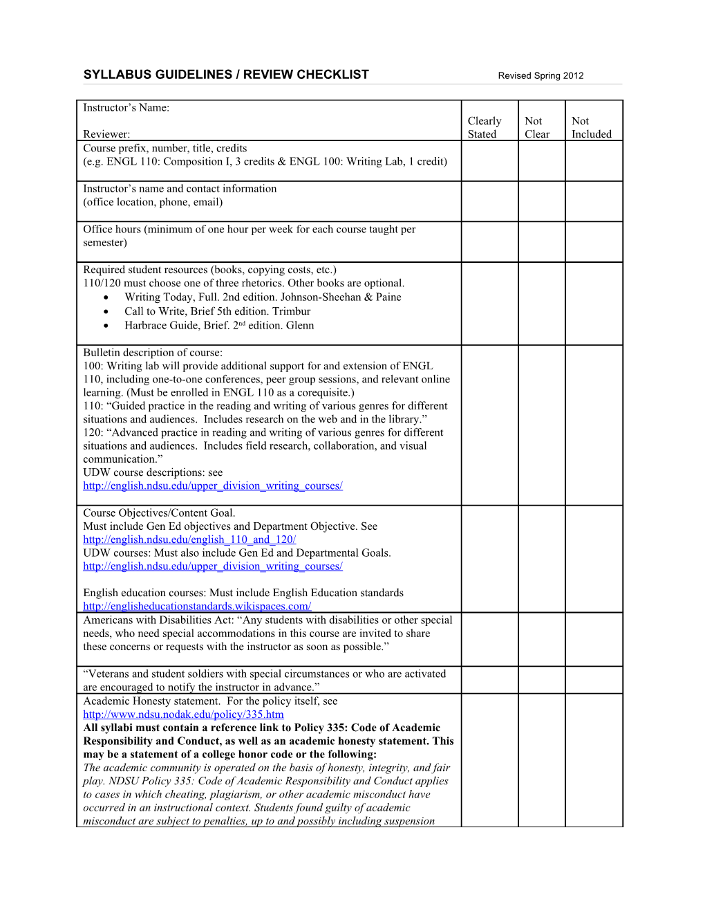 SYLLABUS GUIDELINES / REVIEW Checklistrevised Spring 2012