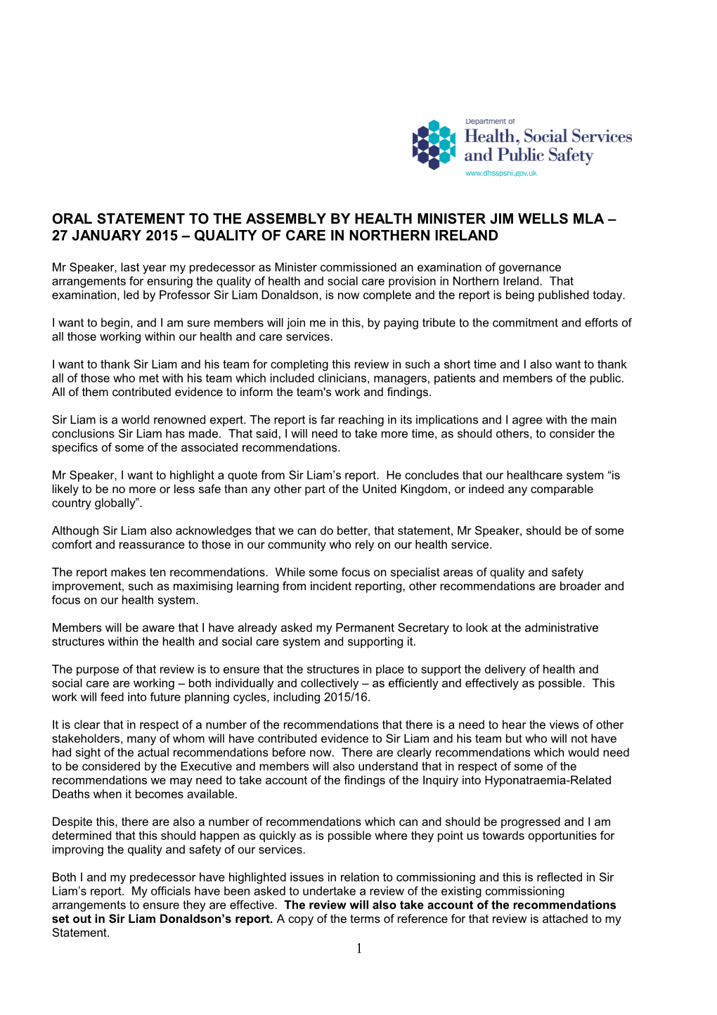 Oralstatement to the Assembly by Health Minister Jim Wells Mla 27 January 2015 Quality