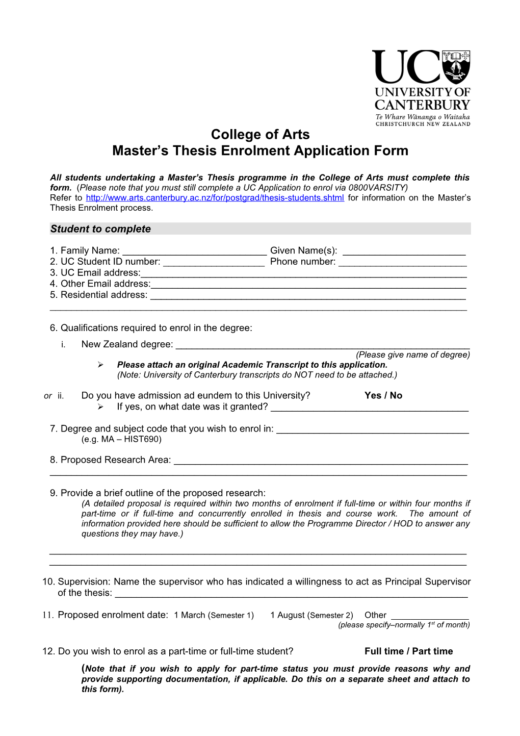 Master S Thesis Enrolment Application Form