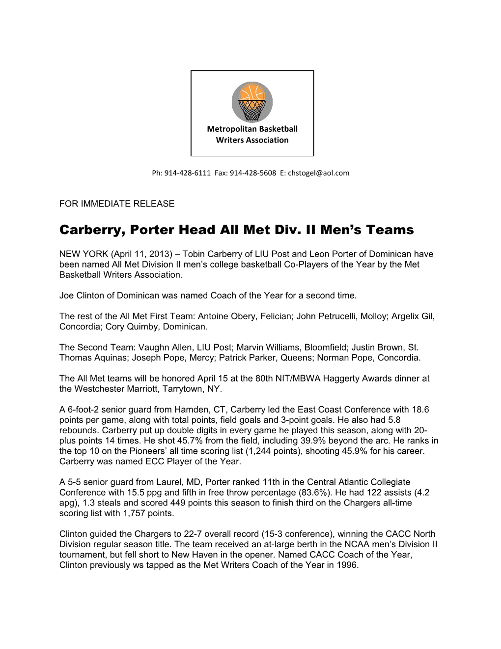 Carberry, Porter Head All Met Div. II Men S Teams
