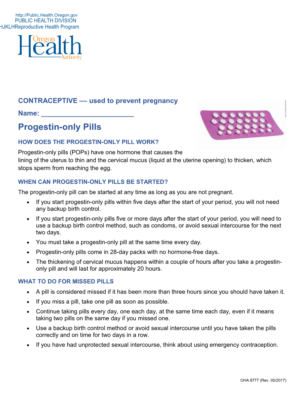 Progestin-Only Pills Medication Information Sheet