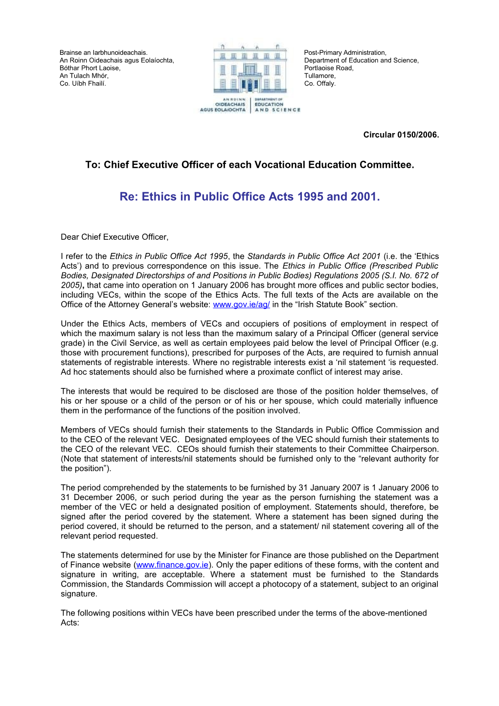 Circular 0150/2006 - Ethics in Public Office Acts 1995 and 2001 (File Format Word 150KB)