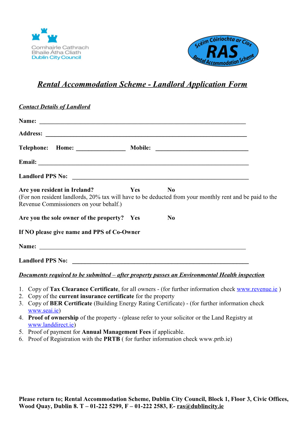 Rental Accommodation Scheme - Landlord Application Form