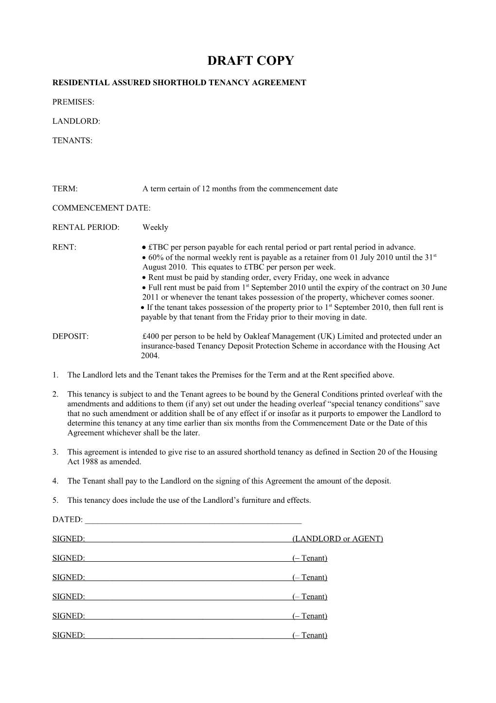 Residential Assured Shorthold Tenancy Agreement