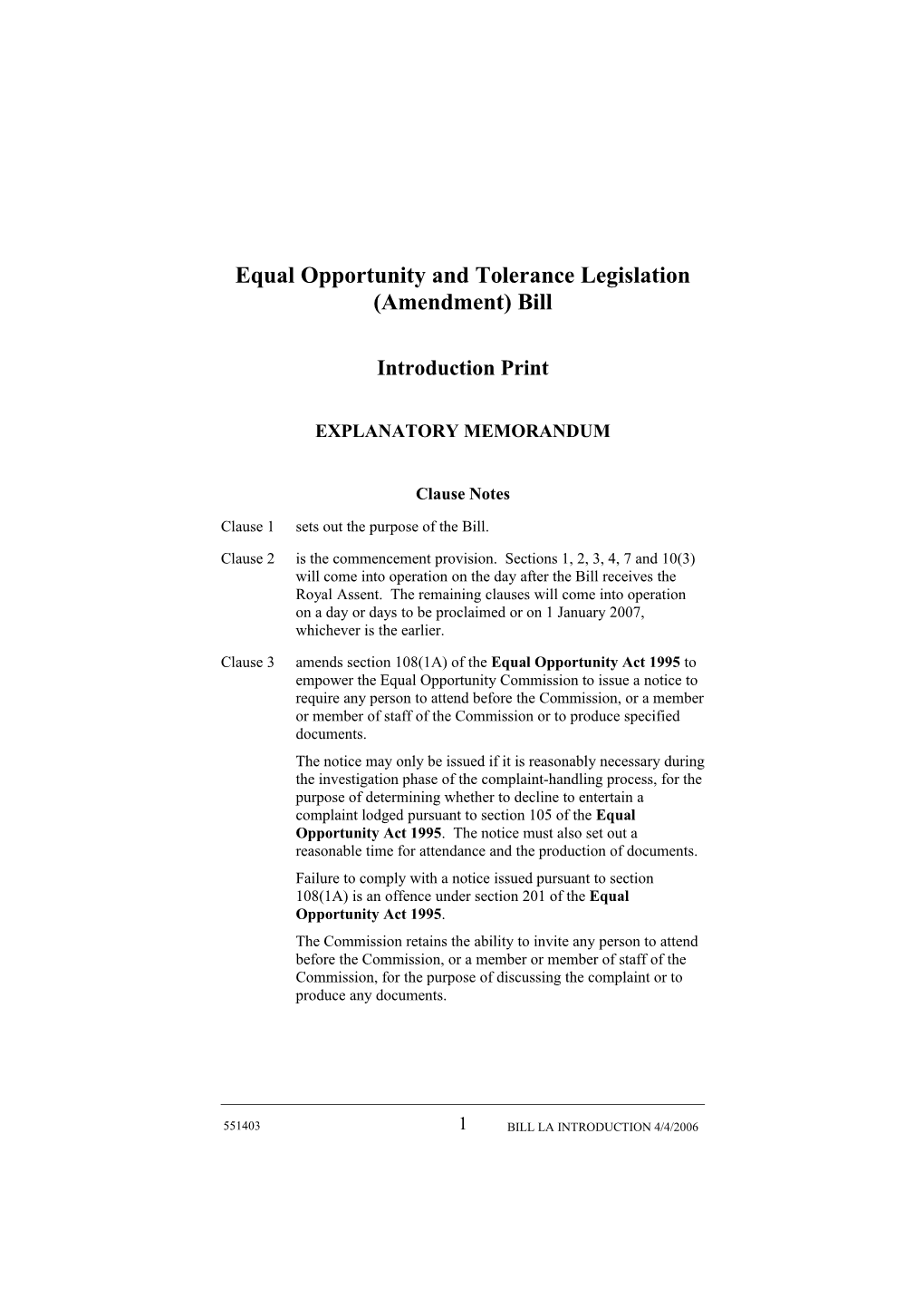 Equal Opportunity and Tolerance Legislation (Amendment) Bill
