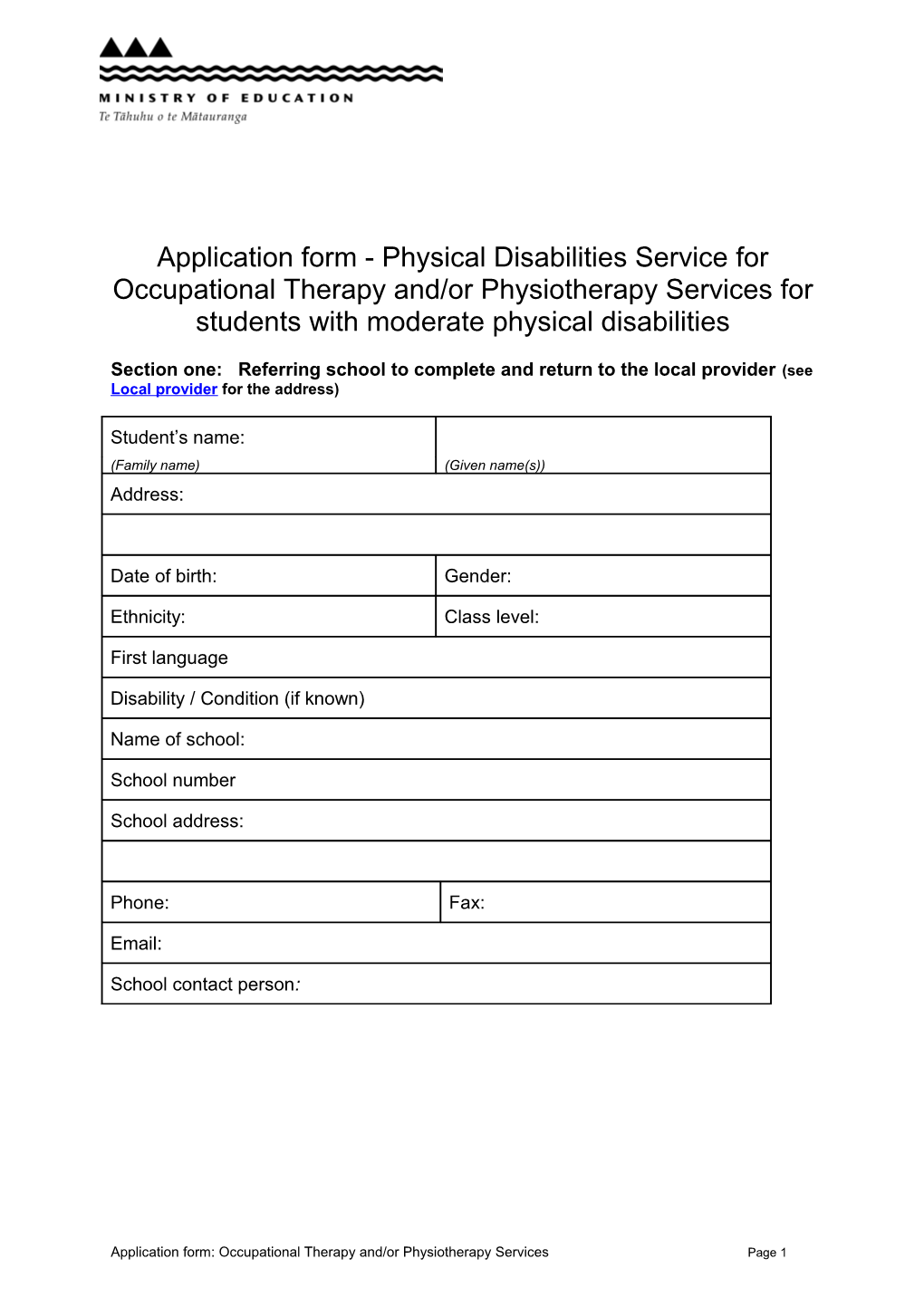 Application Form OT/Physiotherapy