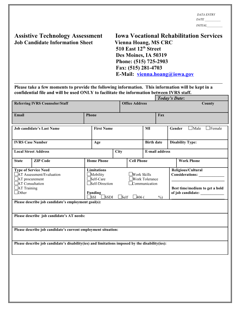 Job Candidate Information Sheet Vienna Hoang, MS CRC