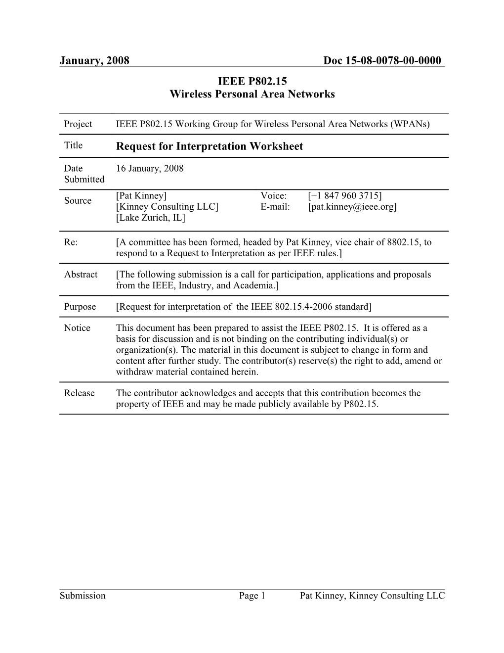 IEEE P802.15.Request for Interpretation Worksheet