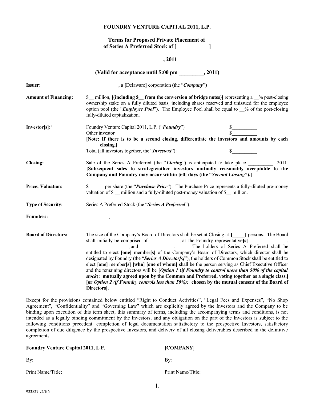 Terms for Proposed Private Placement Of