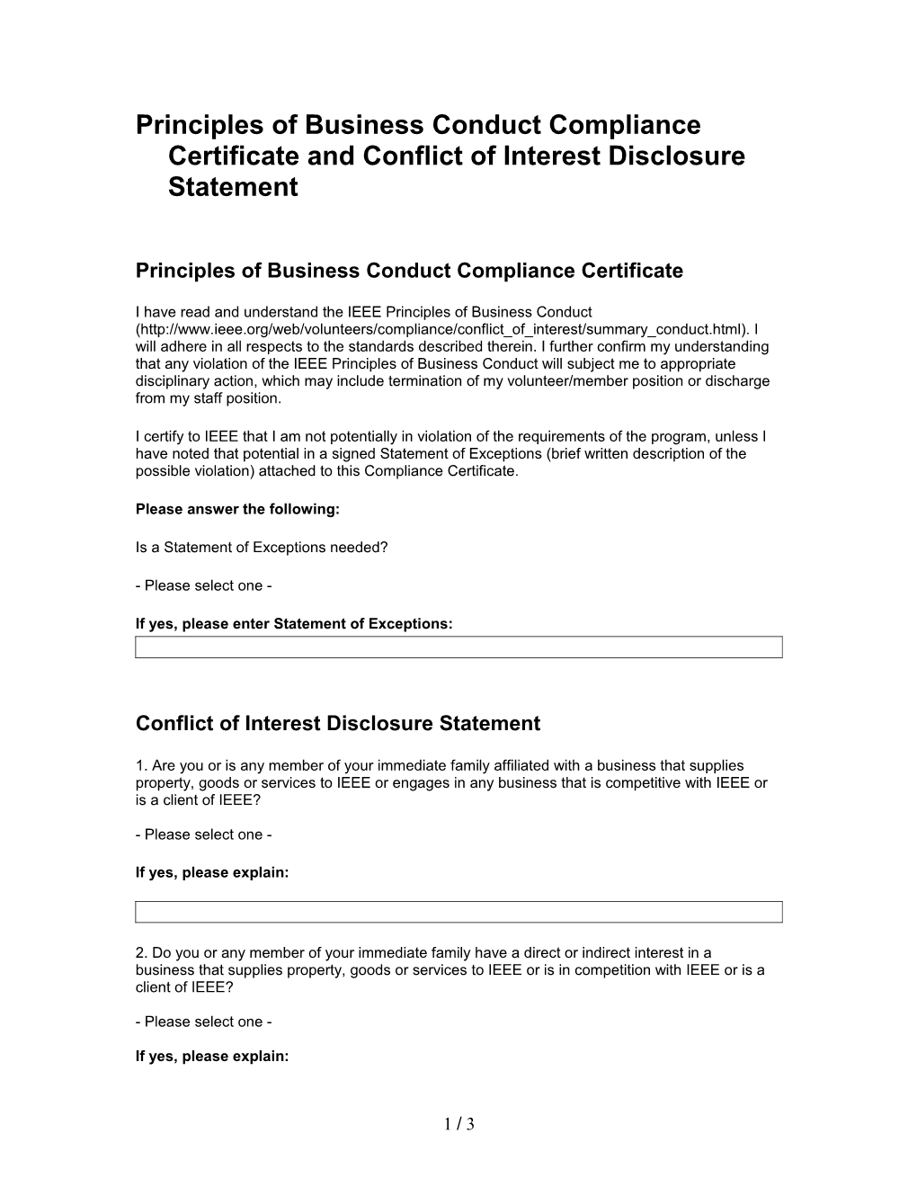 Principles of Business Conduct Compliance Certificate and Conflict of Interest Disclosure