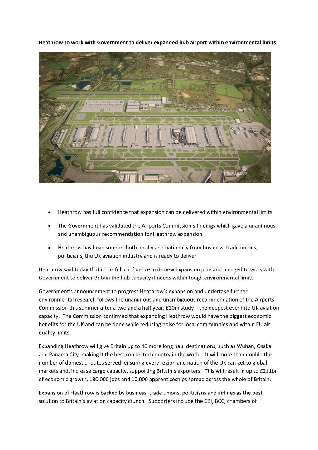 Heathrow to Work with Government to Deliver Expanded Hub Airport Within Environmental Limits