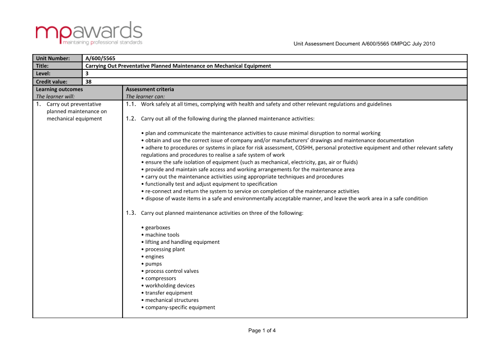 Unit Assessment Documenta/600/5565 MPQC July 2010