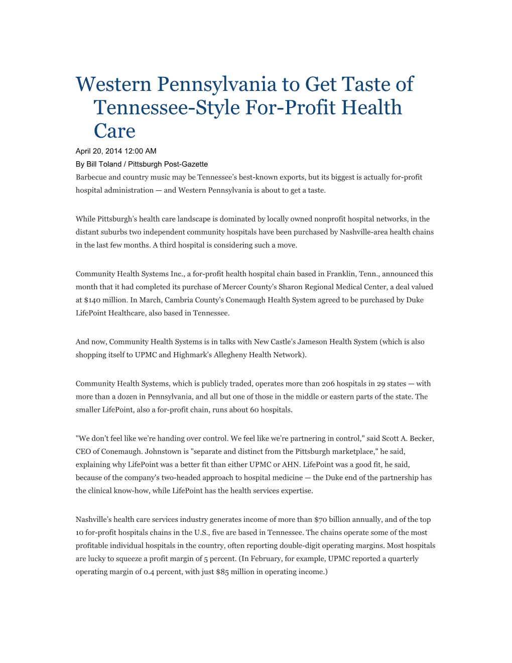 Western Pennsylvania to Get Taste of Tennesseestyle Forprofit Health Care