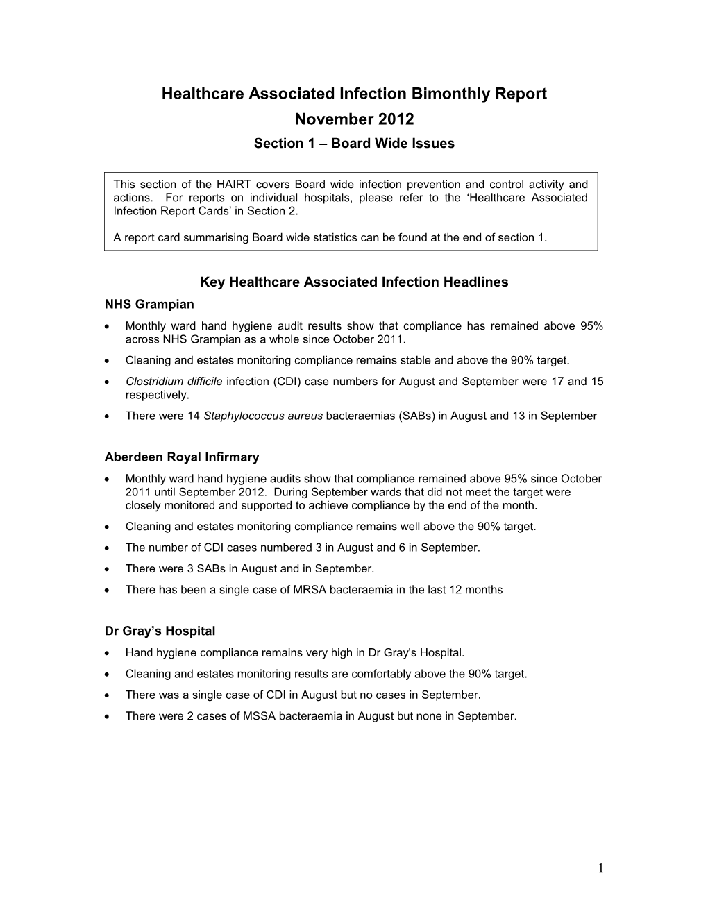 Healthcare Associated Infections Report November 2012