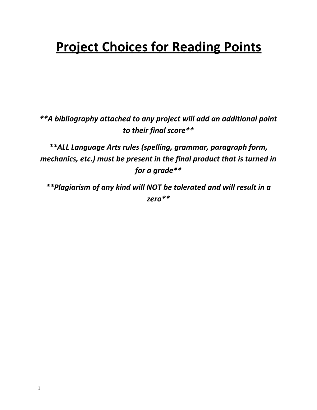 Project Choices for Reading Points