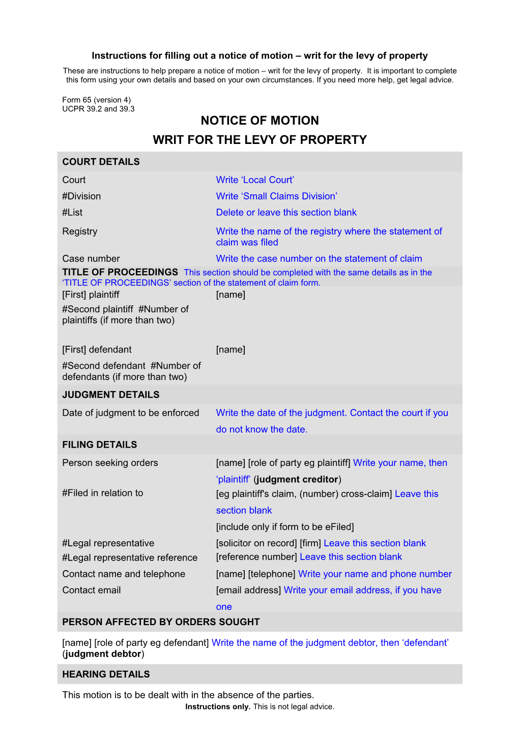 Form 65 - Notion of Motion Writ for the Levy of Property