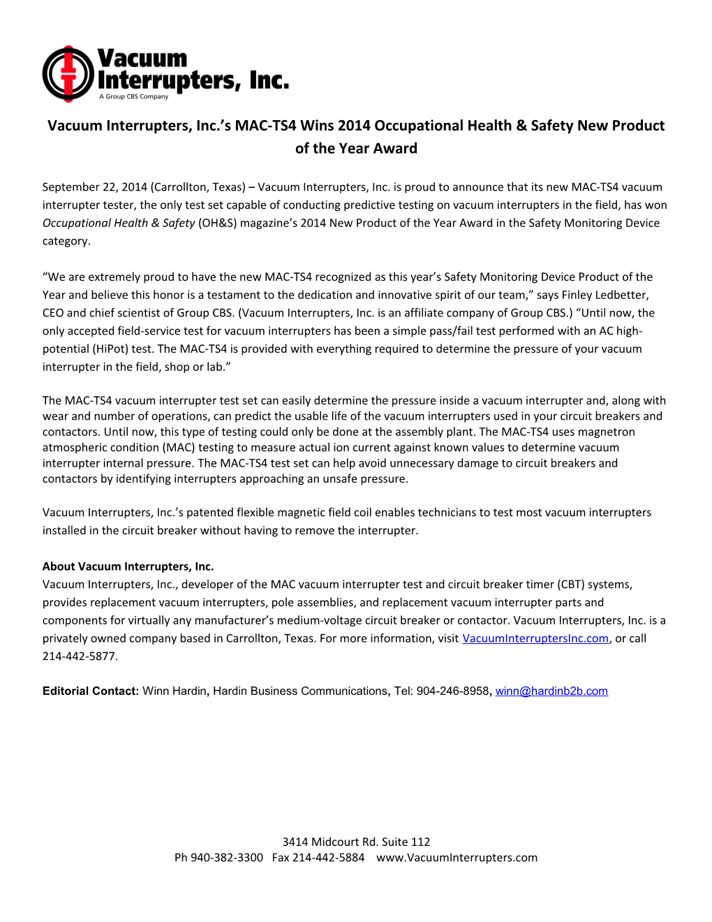 Vacuum Interrupters, Inc. S MAC-TS4 Wins 2014 Occupational Health & Safety New Product