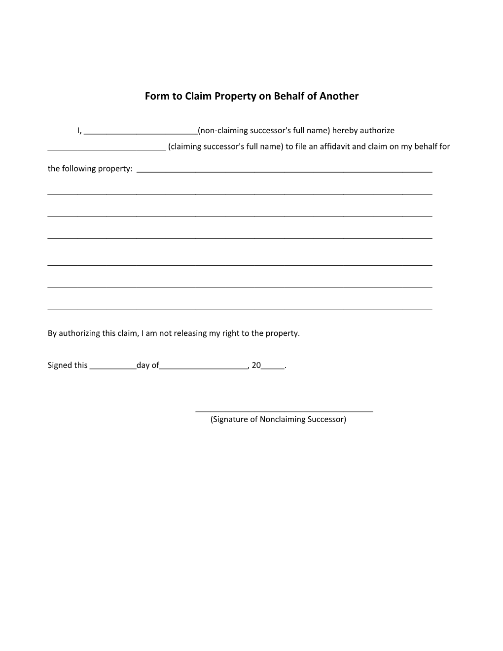 Form to Claim Property on Behalf of Another