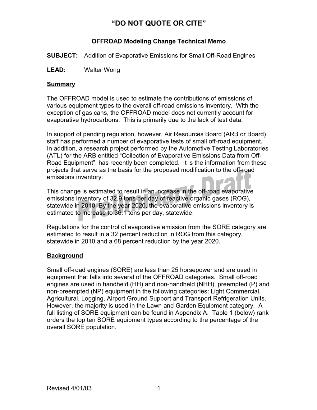 Background Material: 2003-04-01 EMFAC Modeling Change Technical Memo