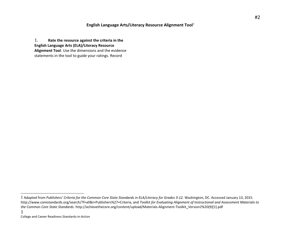 English Language Arts/Literacy Resourcealignment Tool 1