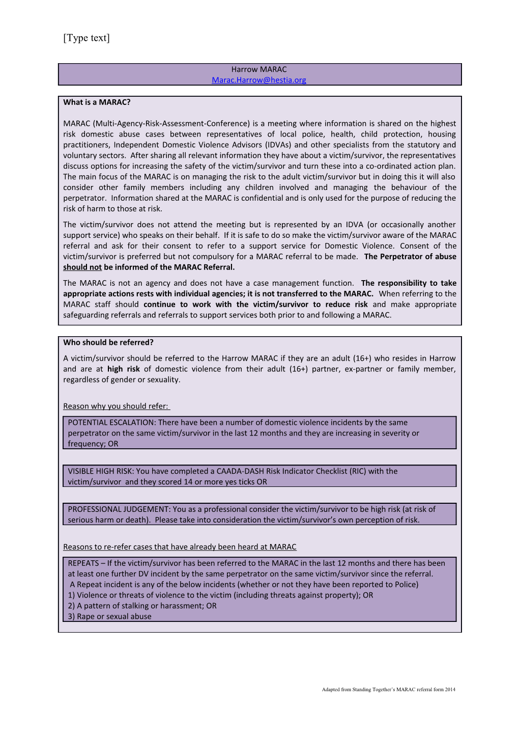 Adapted from Standing Together S MARAC Referral Form 2014