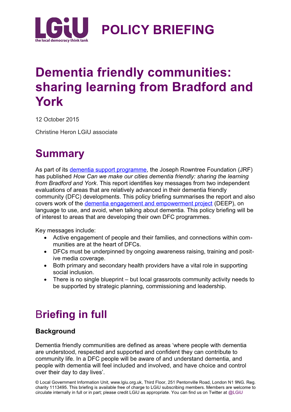 Dementia Friendly Communities: Sharing Learning from Bradford and York