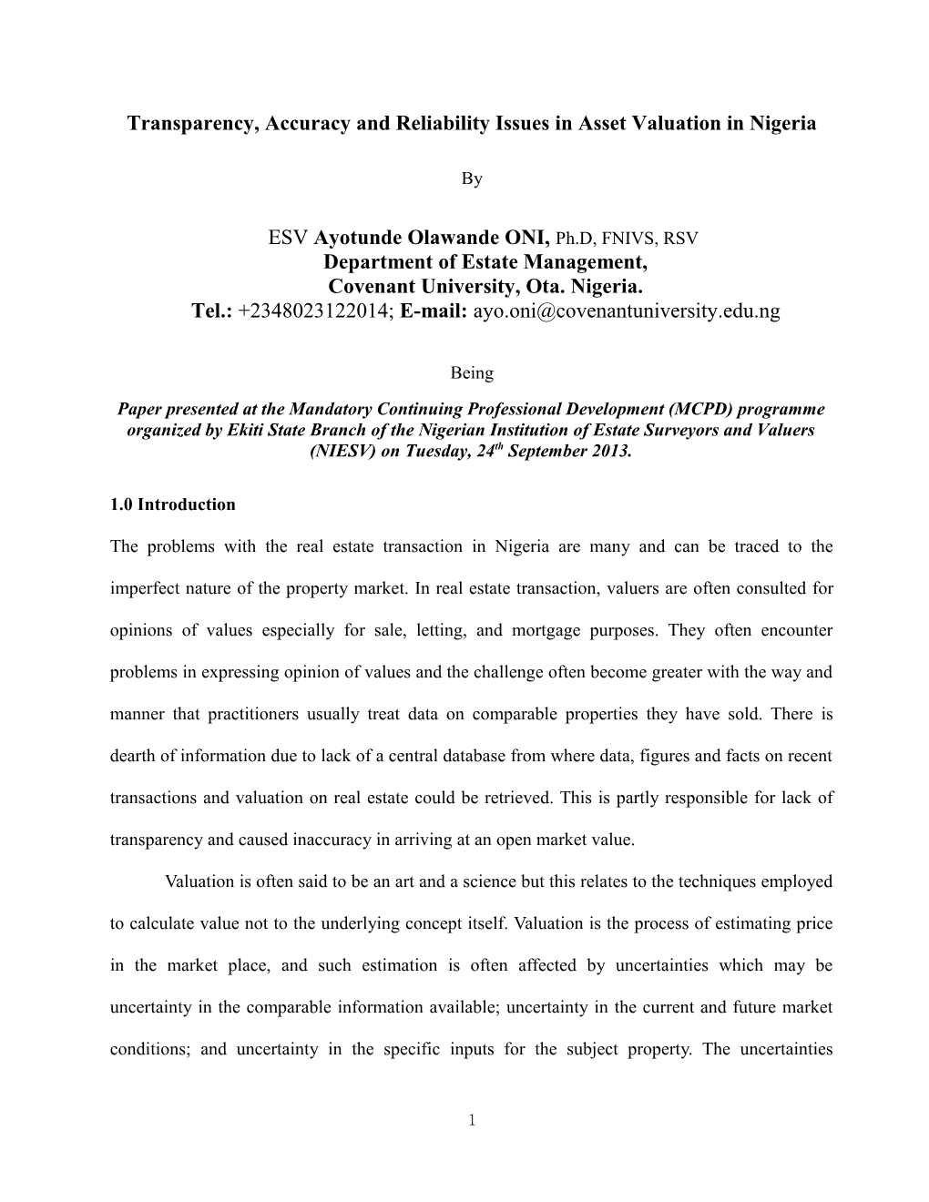 Transparency, Accuracy and Reliability Issues in Asset Valuation in Nigeria