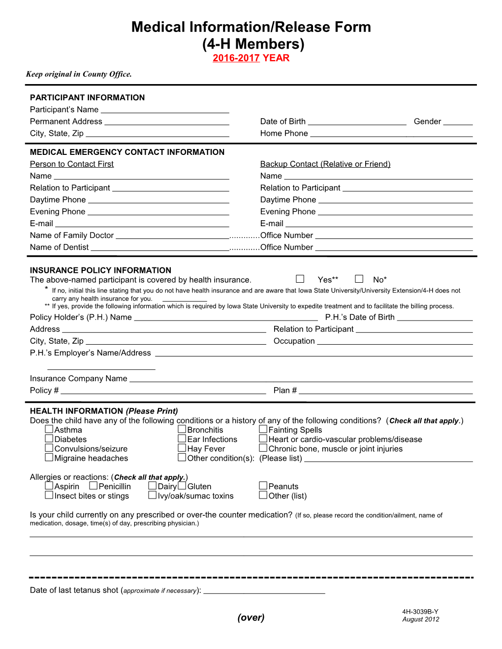 Iowa 4-H Medical Information/Release Form