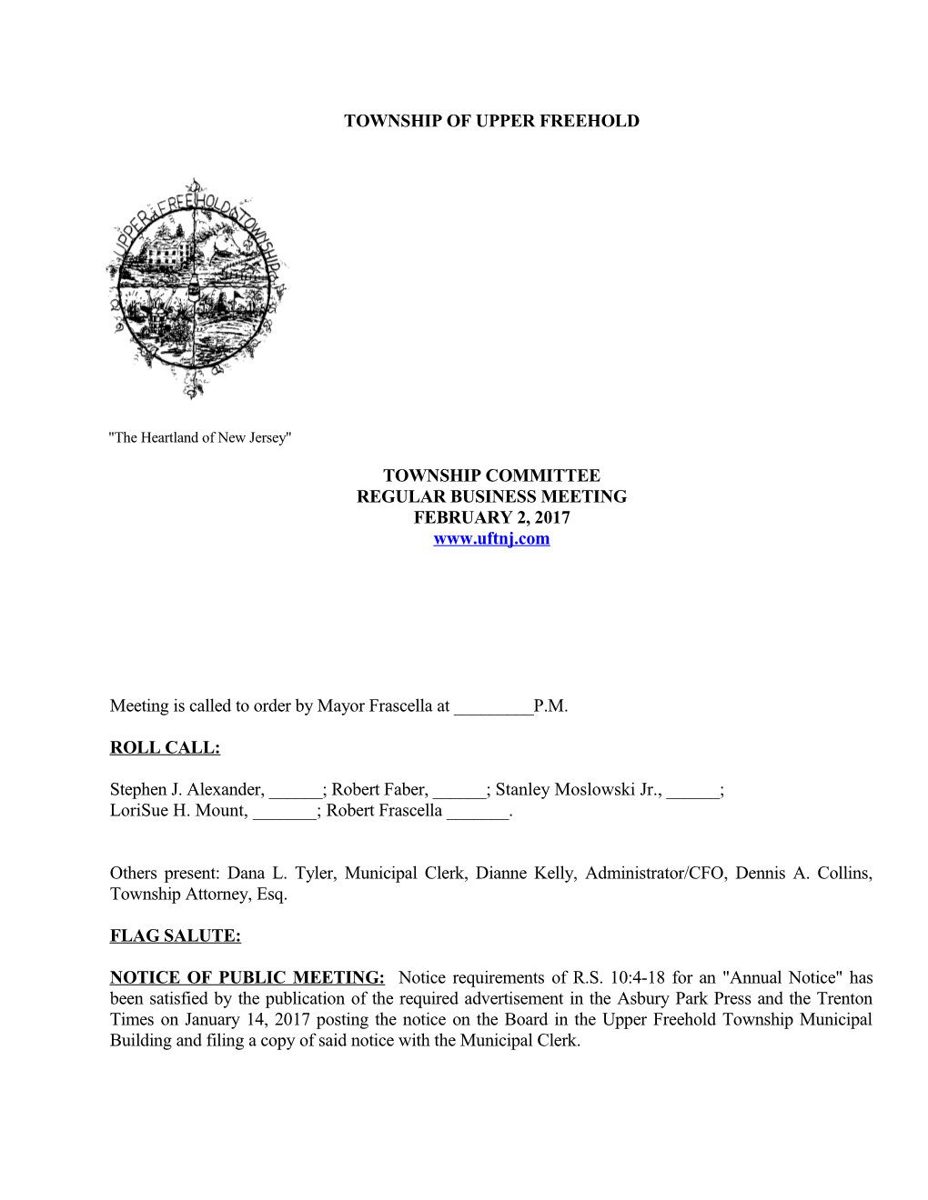 Upper Freehold Township Committee Regular Meeting February 2, 2017