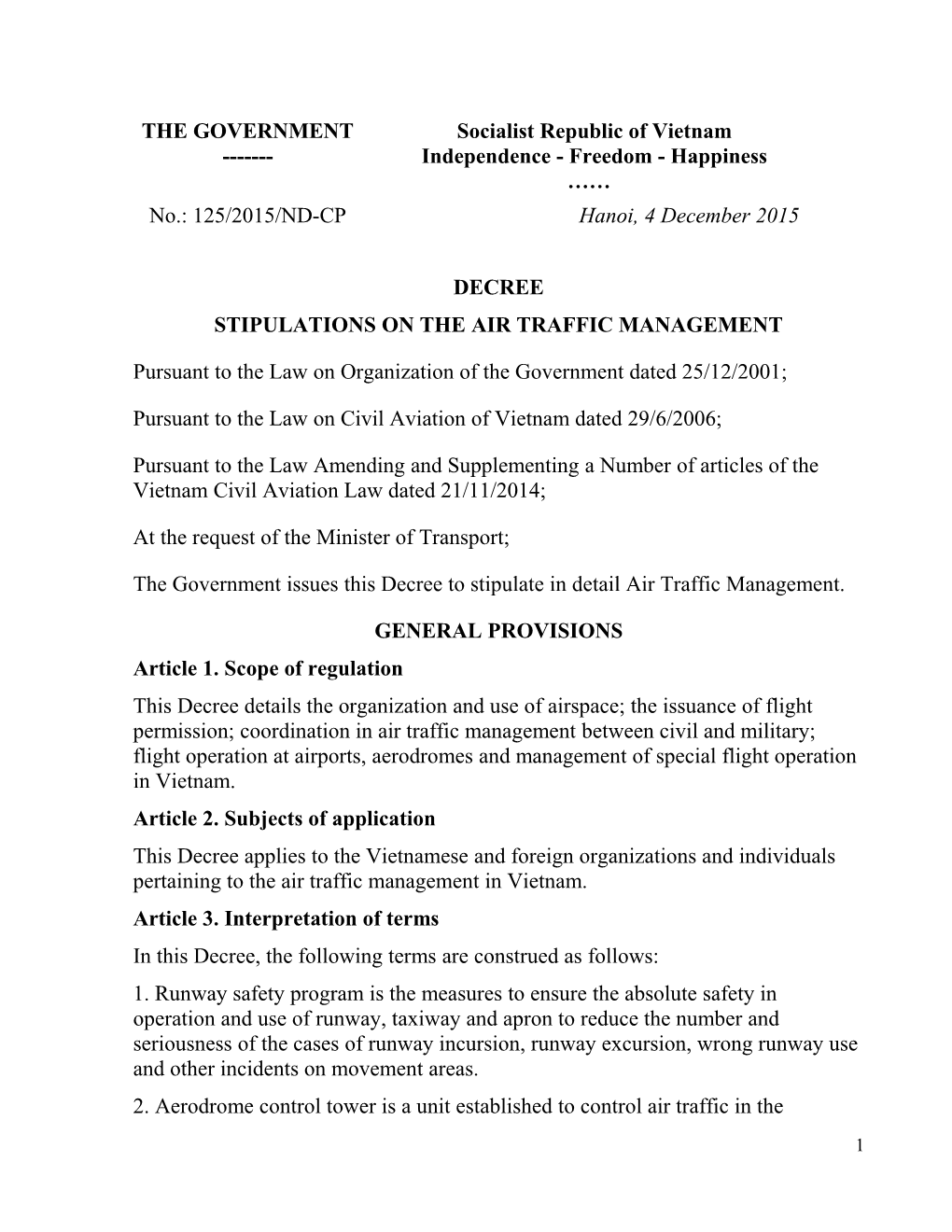 Stipulations on the Air Traffic Management