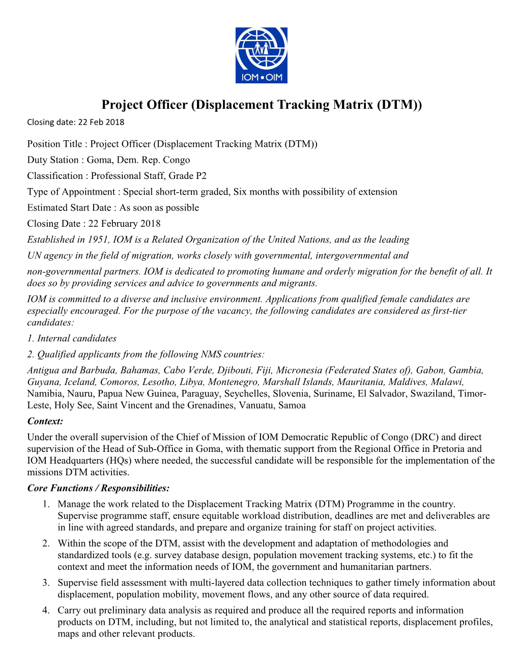 Project Officer (Displacement Tracking Matrix (DTM))