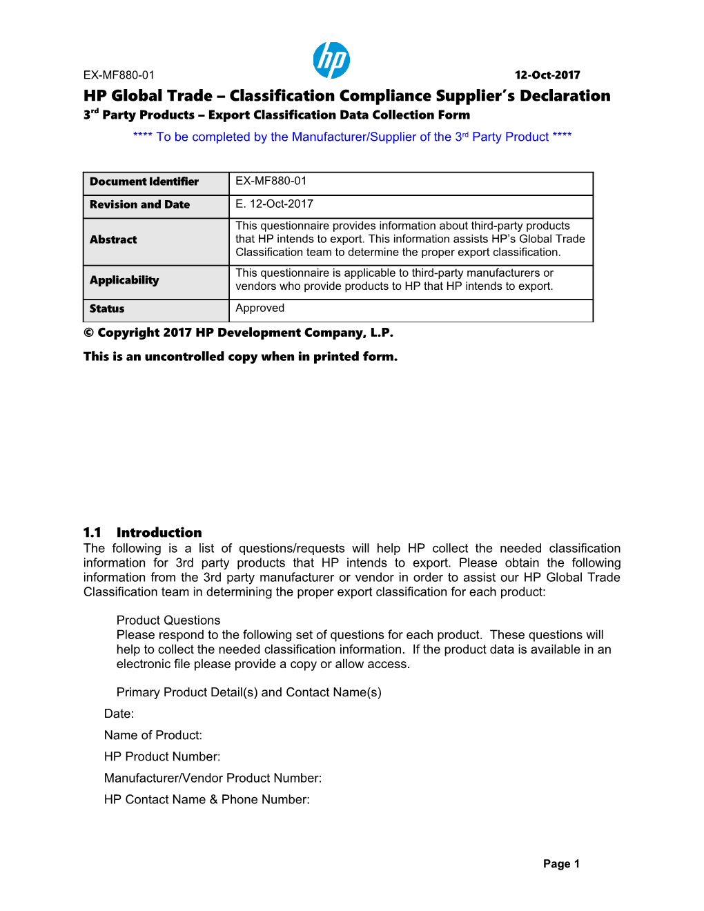 EL-MF880-01, HP Global Trade Classification Compliance Supplier S Declaration