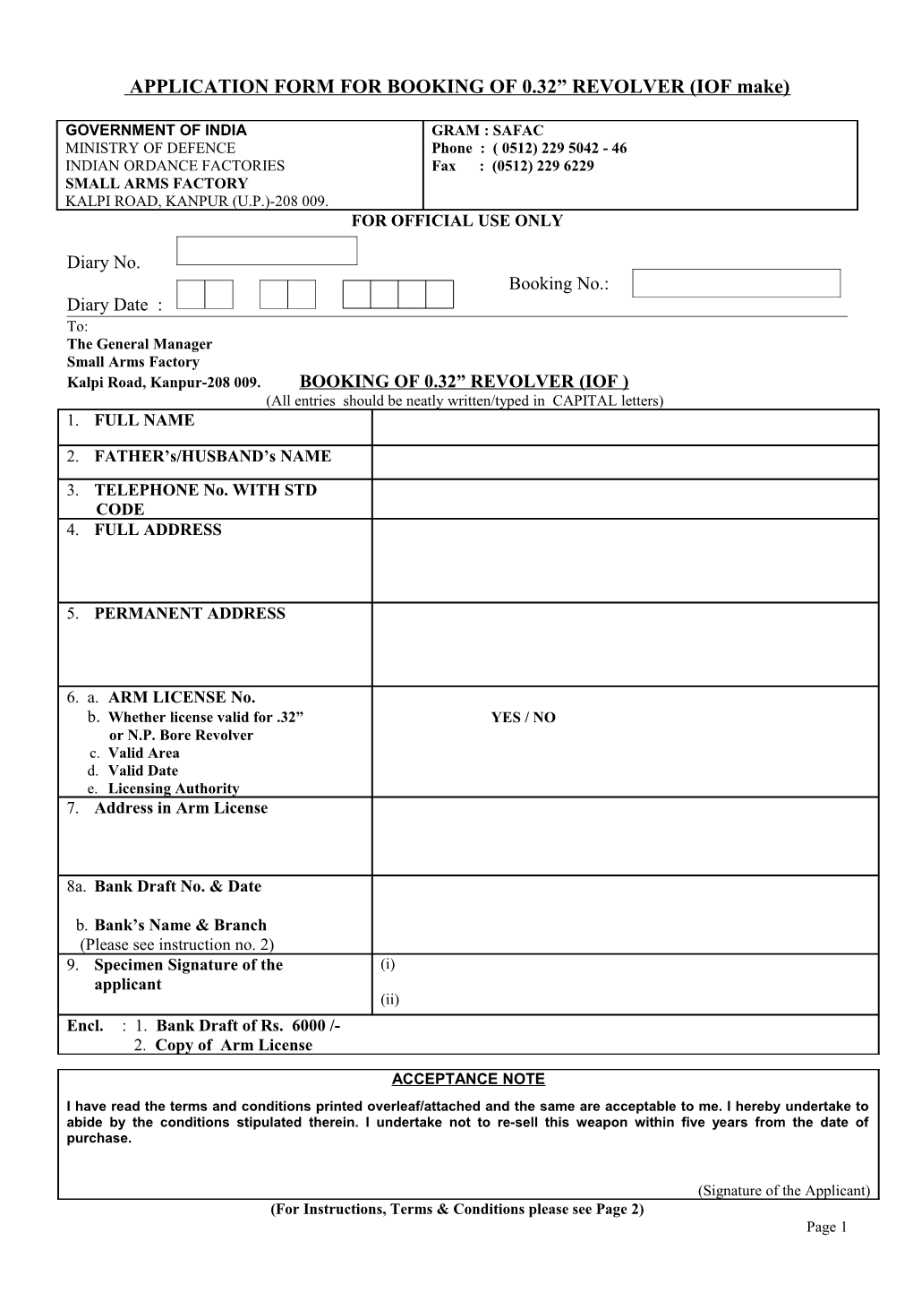 Application Form for Booking of 0