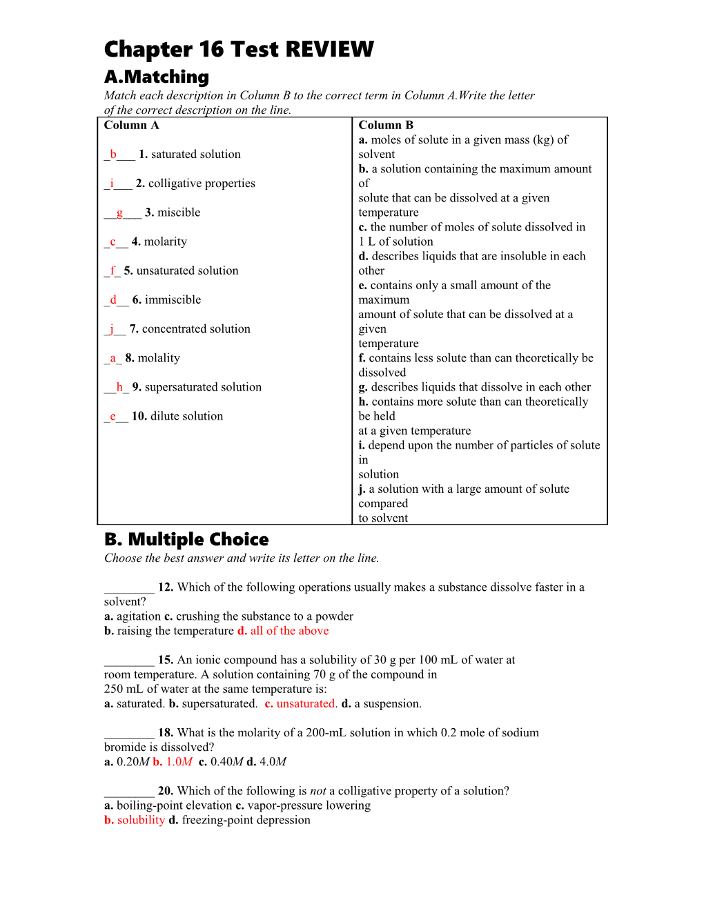 Chapter 16 Test REVIEW