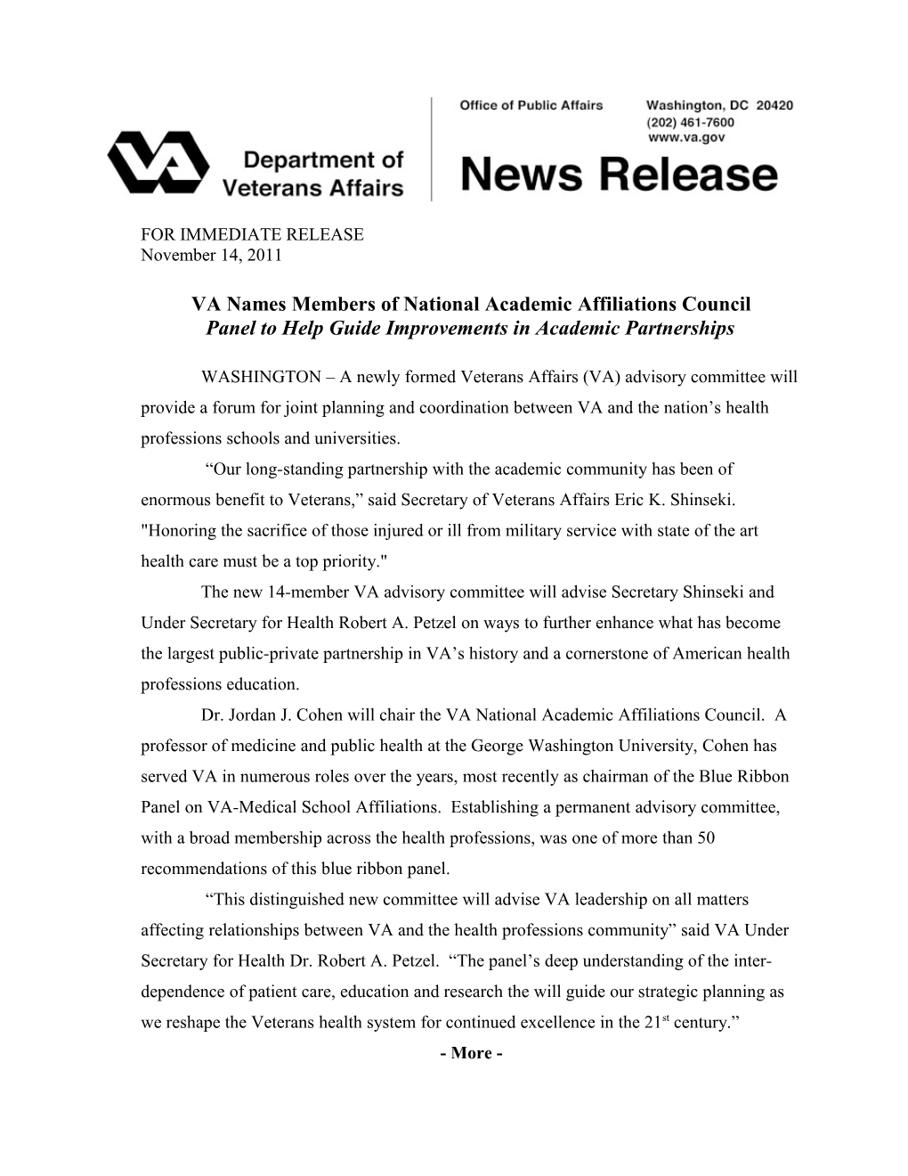 VA Names Members of National Academic Affiliations Council