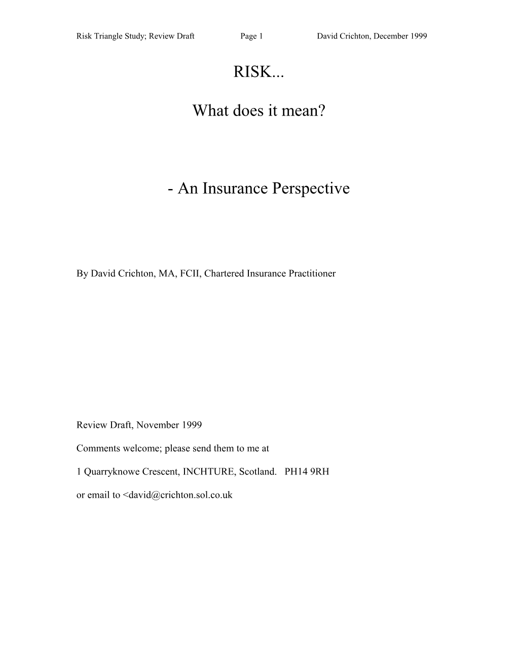 Risk Triangle Study; Review Draftpage 1David Crichton, December 1999