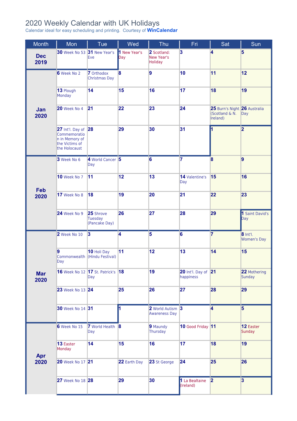 Weekly Calendar 2020 with Festive and National Holidays United Kingdom