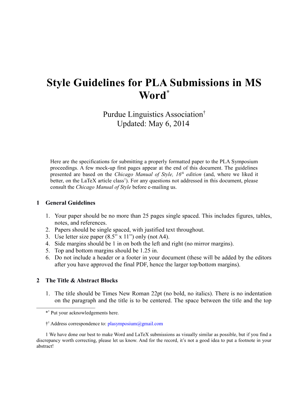 Style Guidelines for PLA Submissions in MS Word *