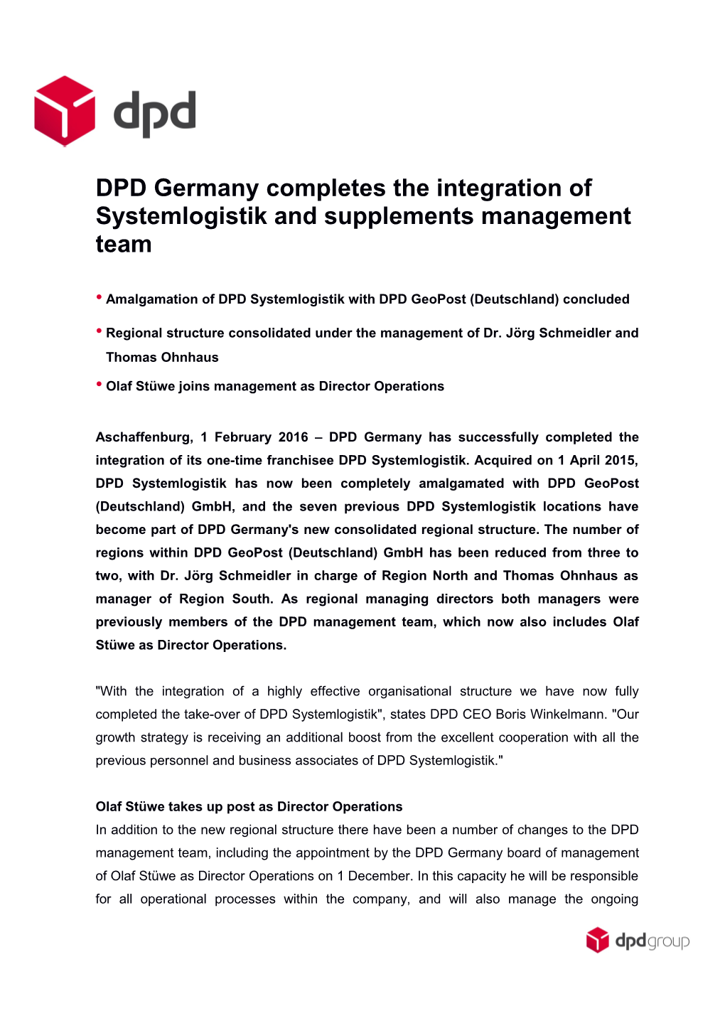 DPD Germany Completes the Integration Ofsystemlogistik and Supplements Management Team