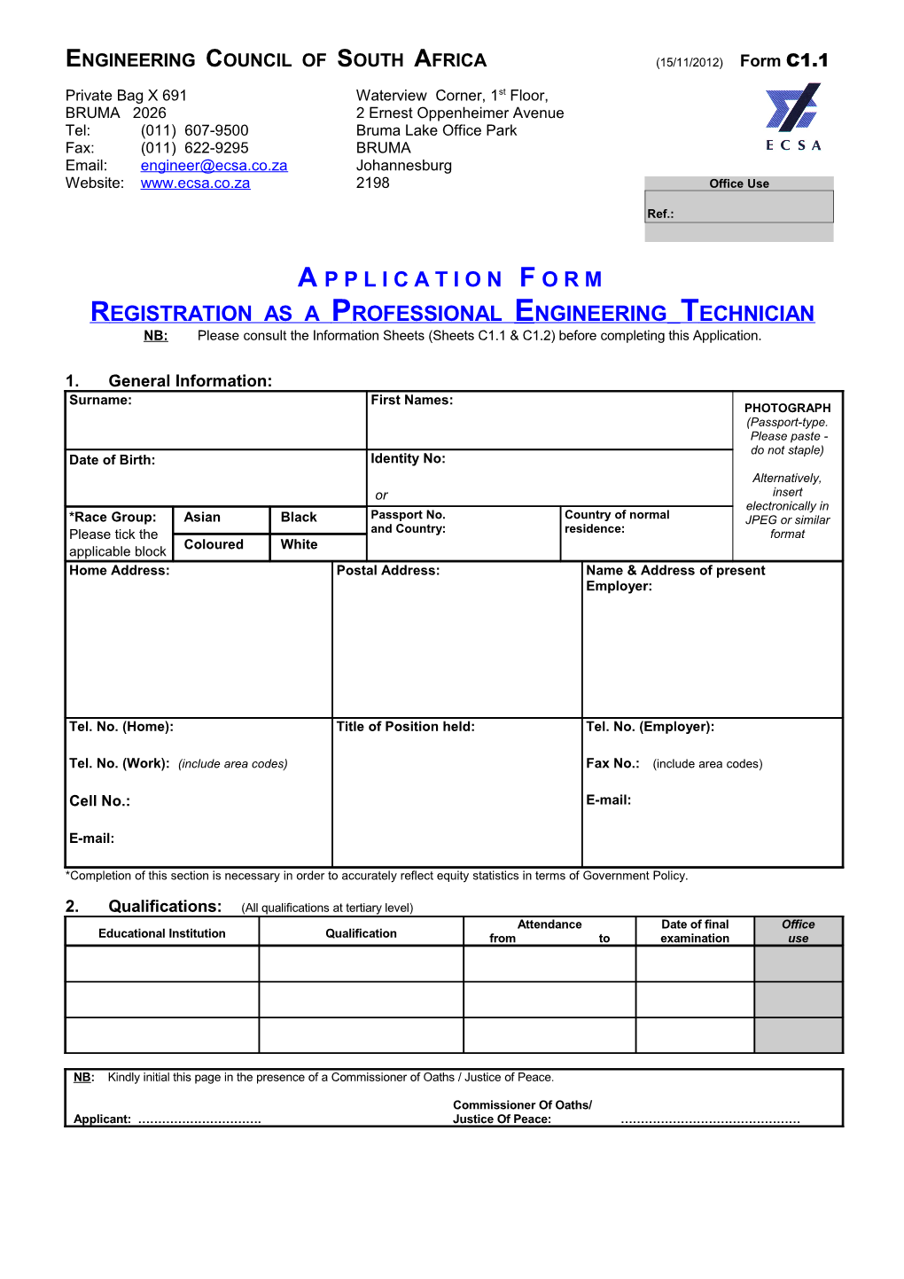 ENGINEERING COUNCIL of SOUTH AFRICA(15/11/2012) Form C1.1