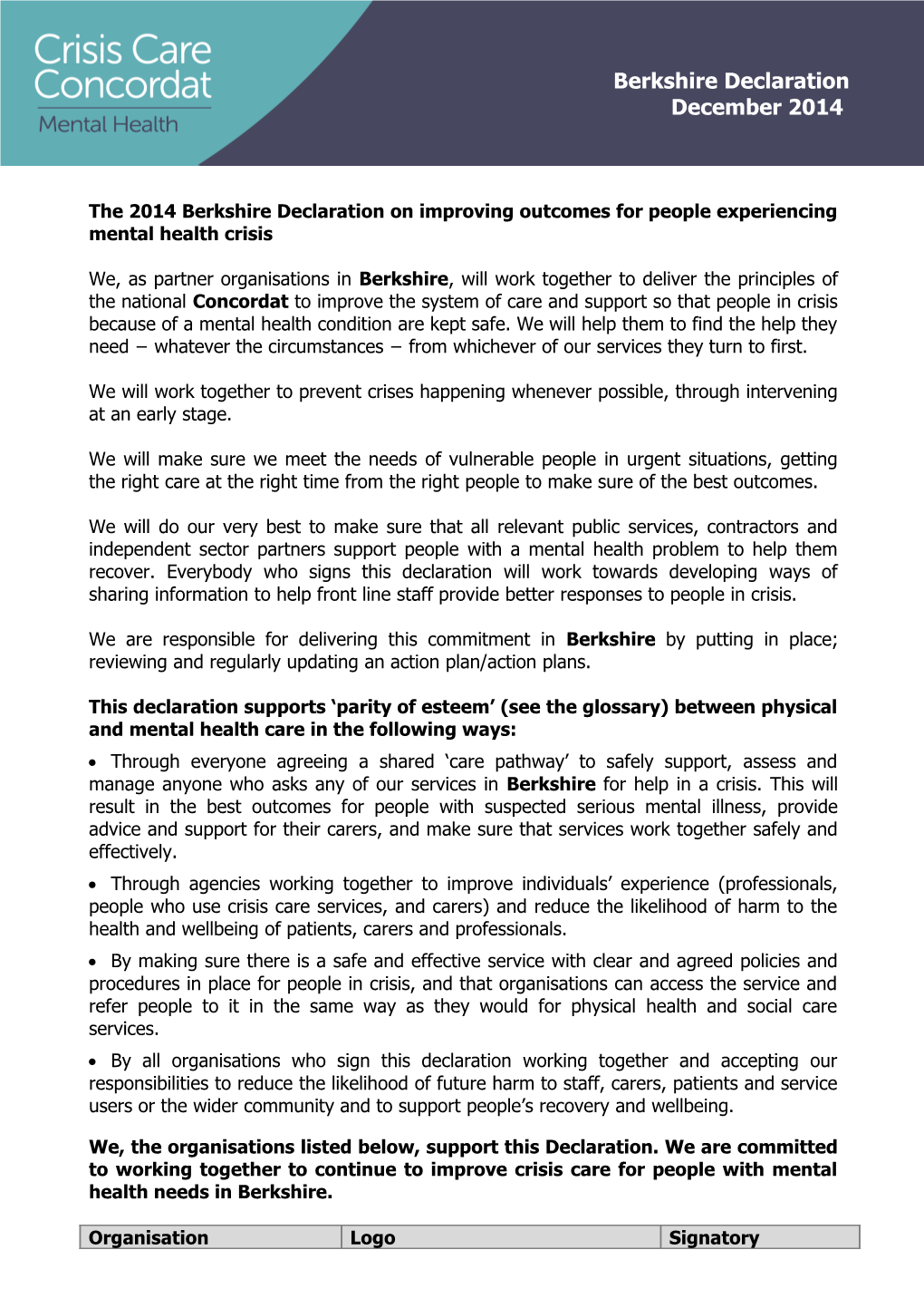 The 2014 Berkshire Declaration on Improving Outcomes for People Experiencing Mental Health