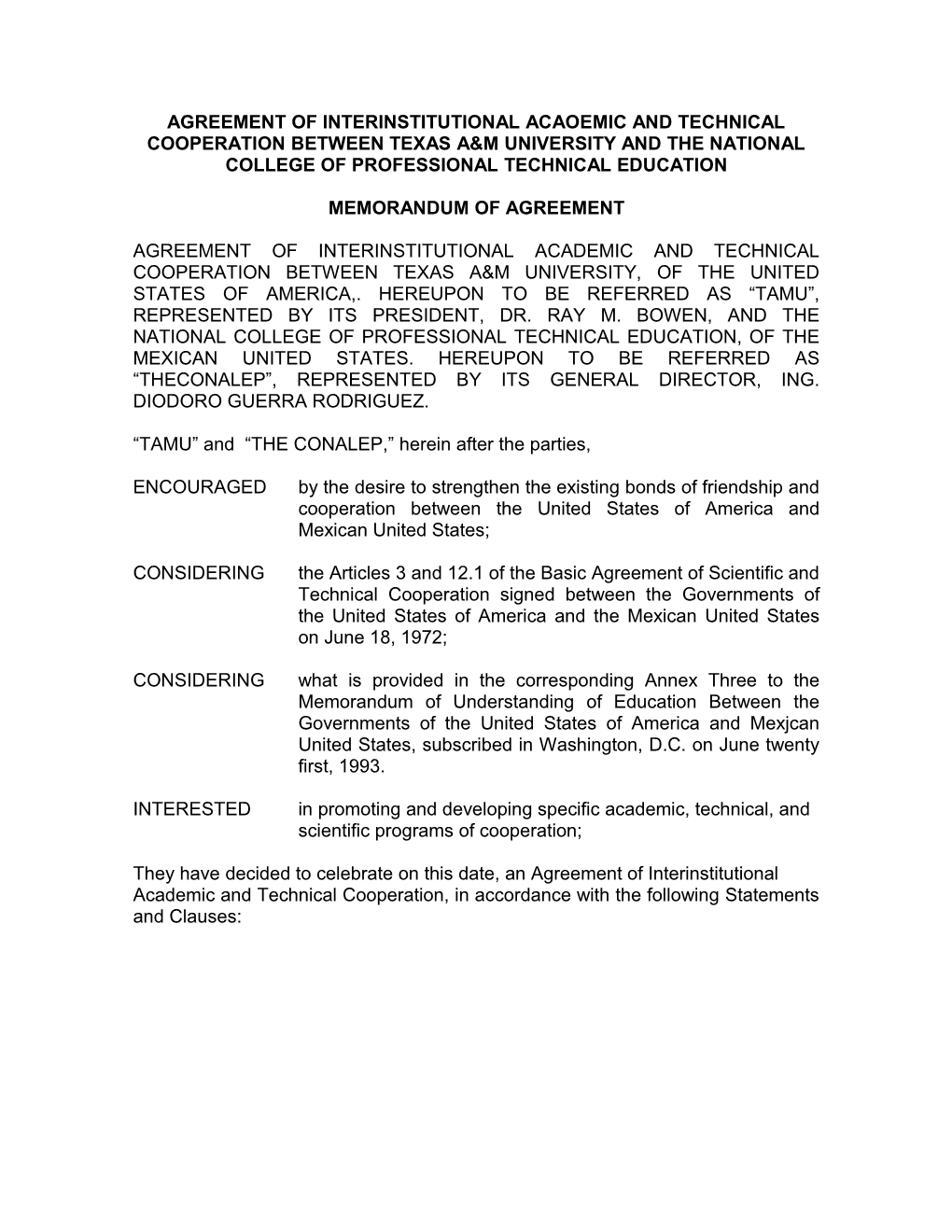 Agreement of Interinstitutional Acaoemic and Technical