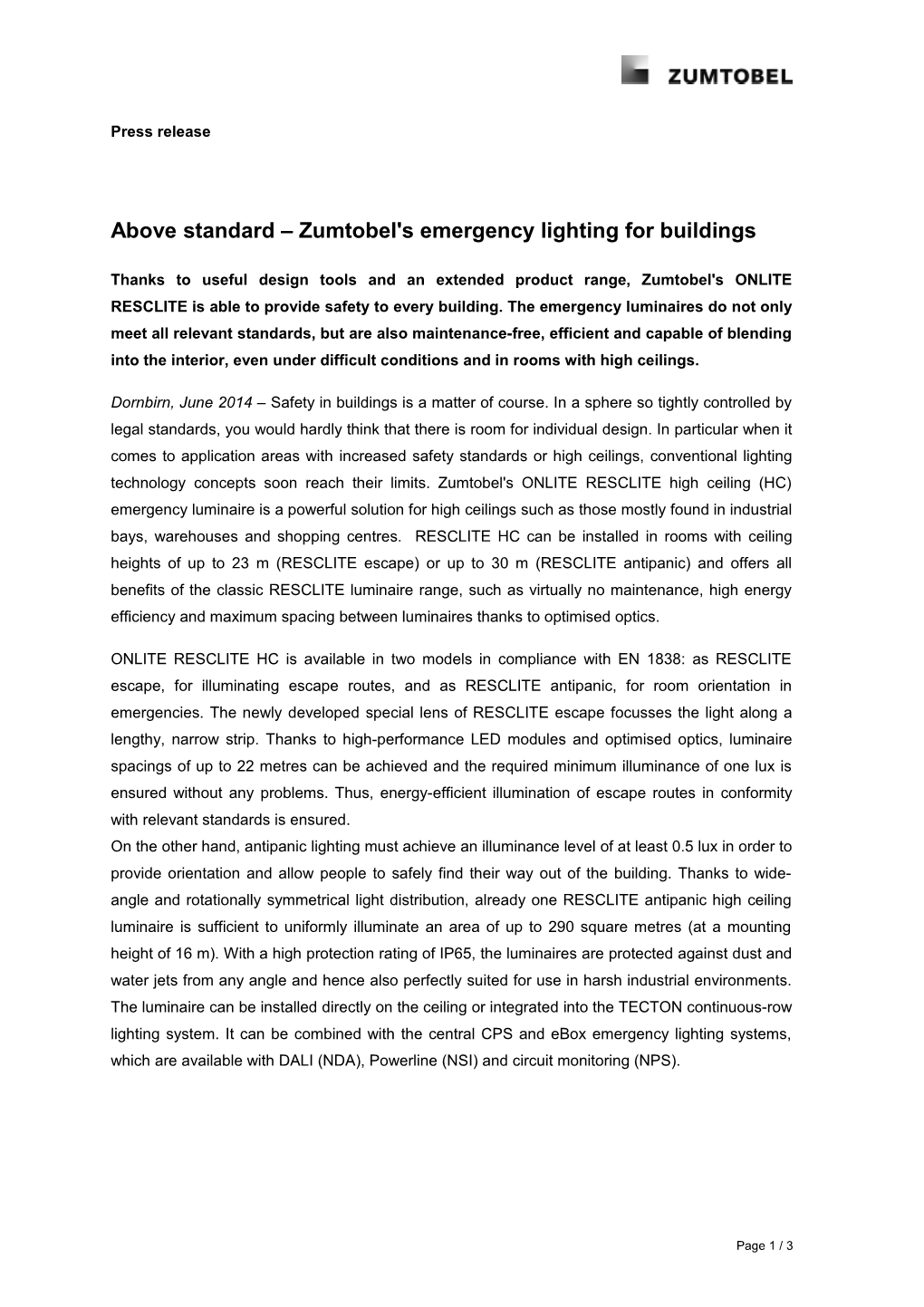 Above Standard Zumtobel's Emergency Lighting for Buildings