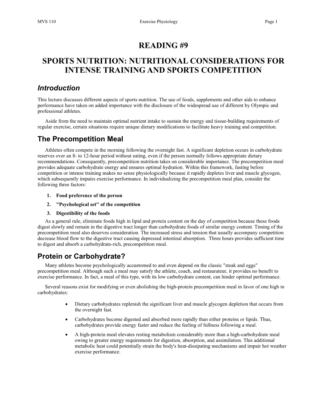 Sports Nutrition:Nutritional Considerations for Intense Training and Sports Competition