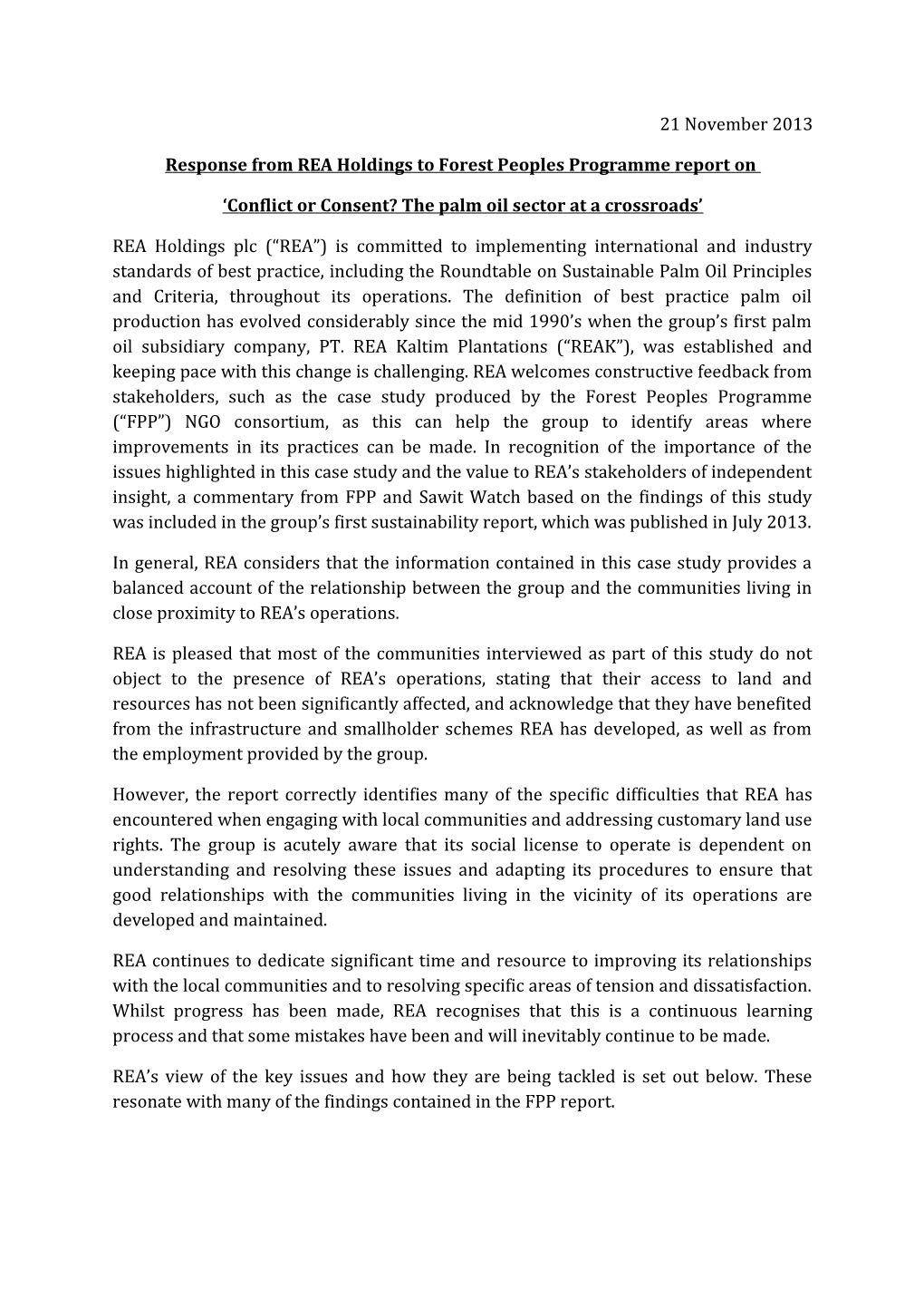 Response from REA Holdings to Forest Peoples Programme Report On