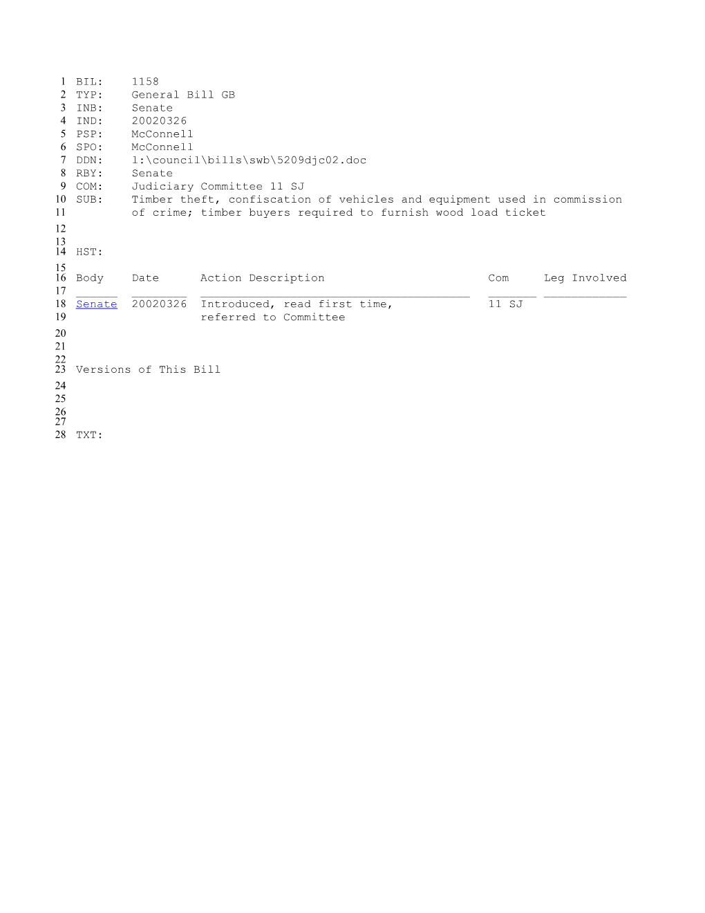 2001-2002 Bill 1158: Timber Theft, Confiscation of Vehicles and Equipment Used in Commission