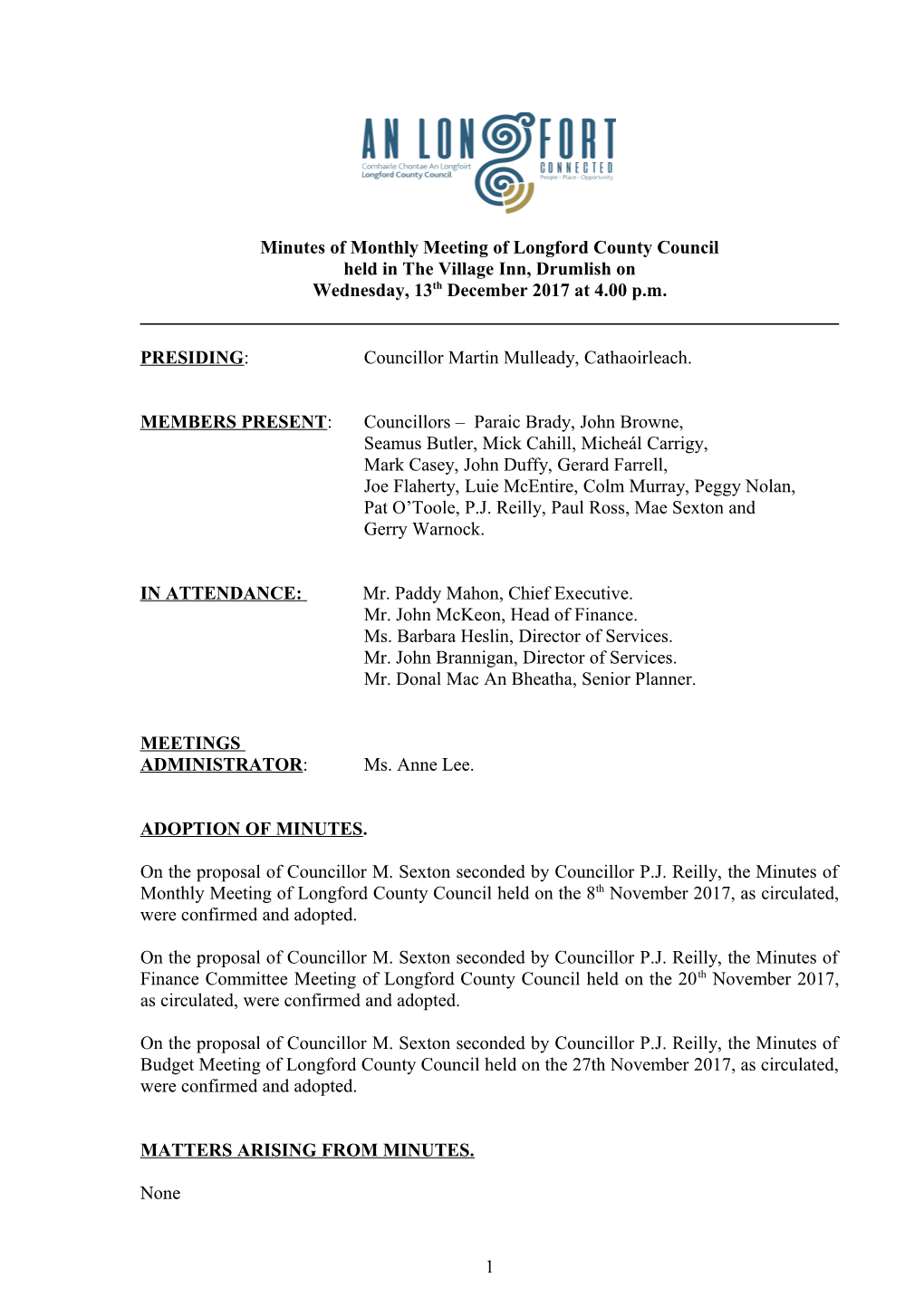 Minutes Ofmonthlymeeting of Longford County Council